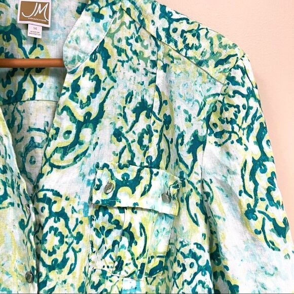 👠JMcollection linen button down bold print with cinched sleeves. Size 14 - Picture 2 of 9